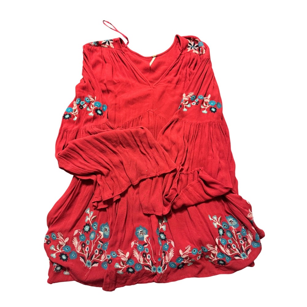Free People Embroidered Red V Neck Bell Sleeve‎ Boho Mini Dress Size L